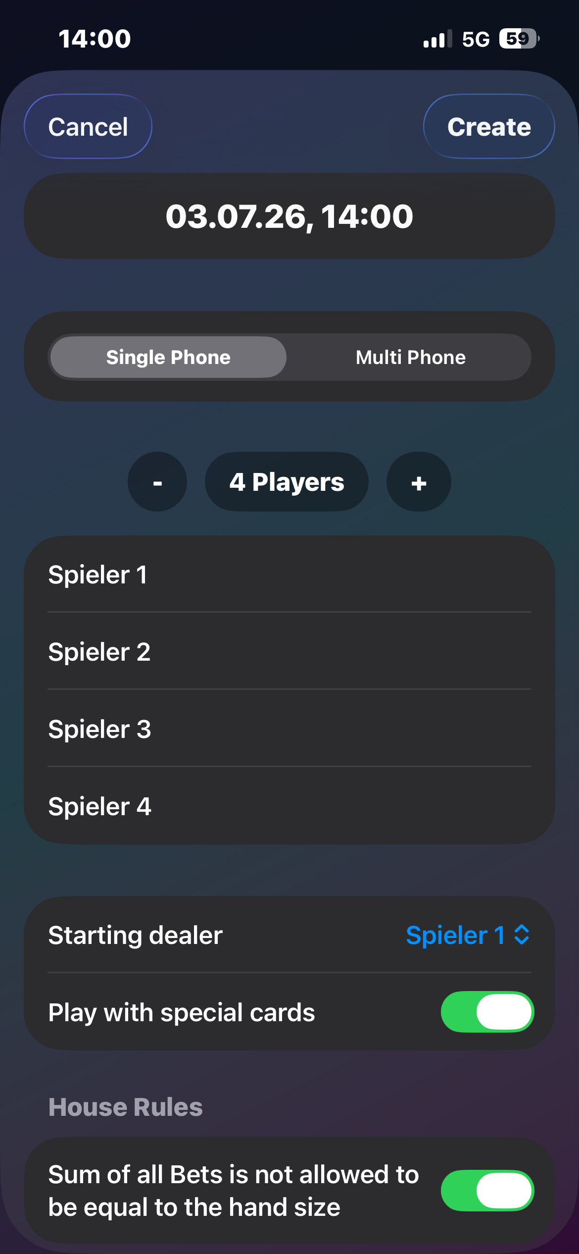 Create game with player setup and house rules