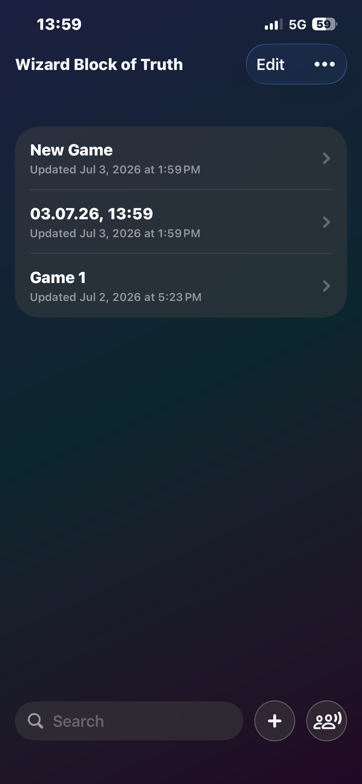 Game list with saved sessions